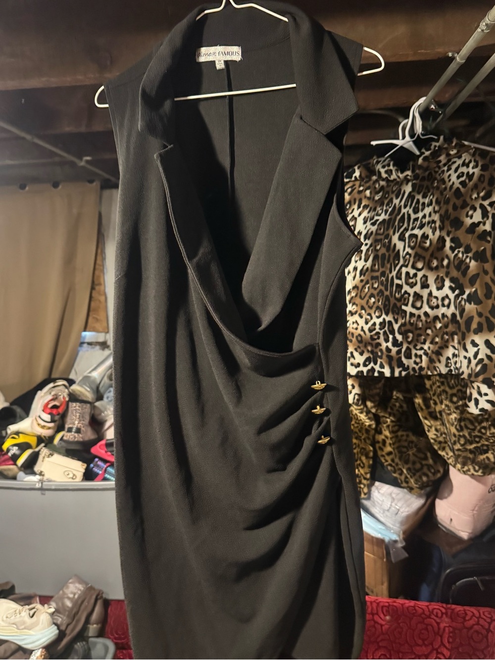 Almost Famous Black One-Shoulder Draped Dress with Side Button Detail